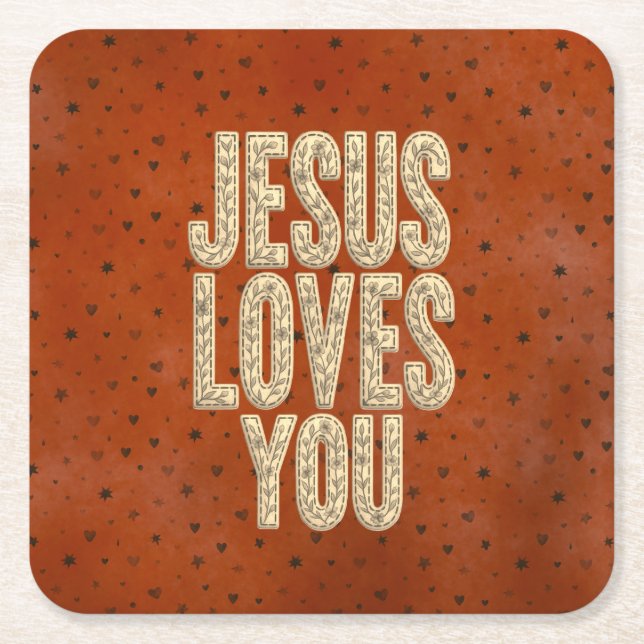 Posavasos Cuadrado De Papel Jesus Loves You Rustic Christian Encouragement (Anverso)