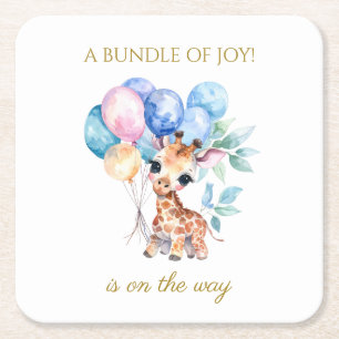 Posavasos Cuadrado De Papel Jirafa bebé con globos Baby Shower