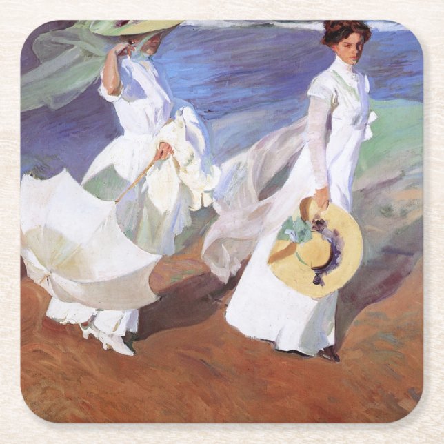 Posavasos Cuadrado De Papel Joaquin Sorolla Women Walking Beach (Anverso)