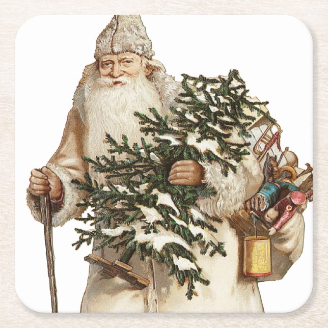 Posavasos Cuadrado De Papel Jolly St Nick con árbol de Navidad (Anverso)