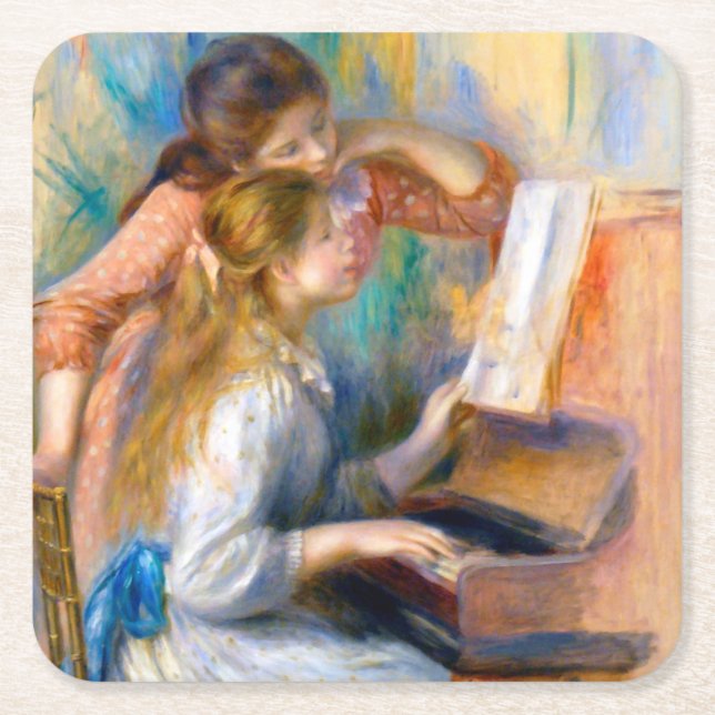 Posavasos Cuadrado De Papel Jóvenes Chicas en el piano, Renoir (Anverso)