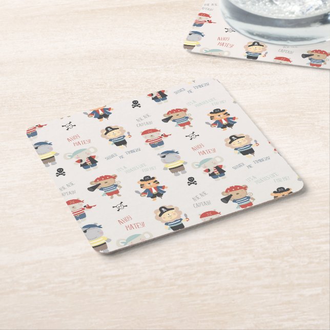 Posavasos Cuadrado De Papel Jóvenes de la tripulación animal Fiesta Pirate Squ (En perspectiva)