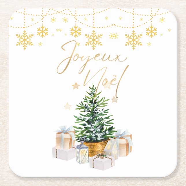 Posavasos Cuadrado De Papel Joyeux Noel Árbol de Navidad Copos de nieve dorado (Anverso)