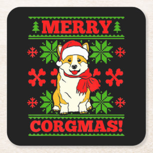Posavasos Cuadrado De Papel Joyeux Noël Corgmas Corgi Dog