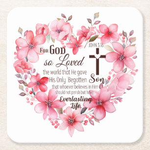 Posavasos Cuadrado De Papel Juan 3:16 Verso de la Biblia Corazón Floral