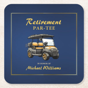 Posavasos Cuadrado De Papel Jubilación Elegante Tema Golf Carro Oro Azul