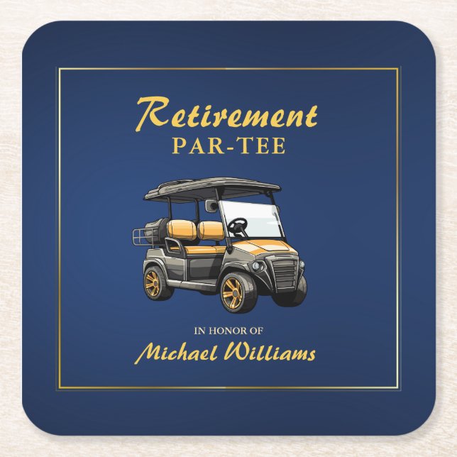 Posavasos Cuadrado De Papel Jubilación Elegante Tema Golf Carro Oro Azul (Anverso)