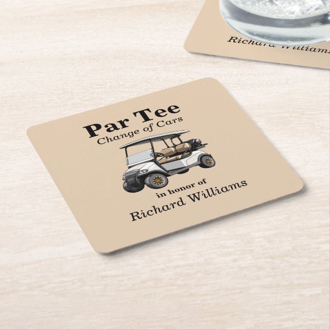 Posavasos Cuadrado De Papel Jubilación Gray Golf Cart Par Tee Tema (En perspectiva)