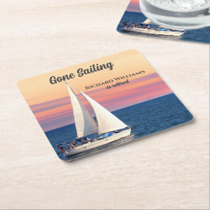 Posavasos Cuadrado De Papel Jubilación ida a navegar Velero Atardecer Océano