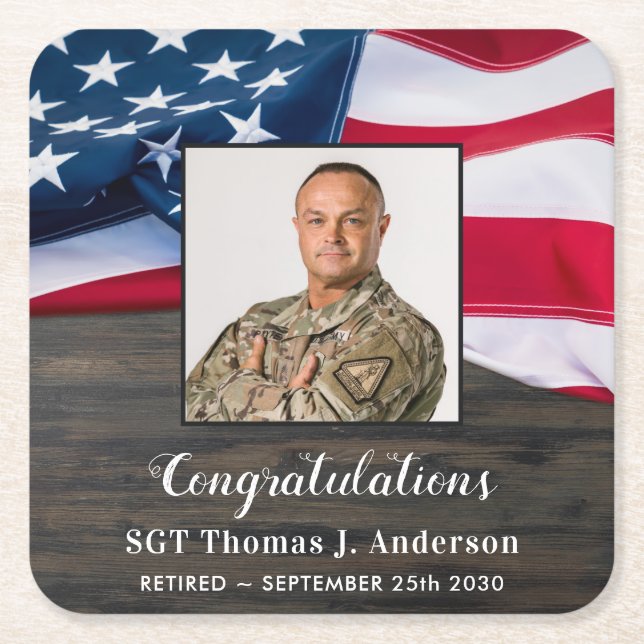 Posavasos Cuadrado De Papel Jubilación militar con bandera estadounidense patr (Anverso)