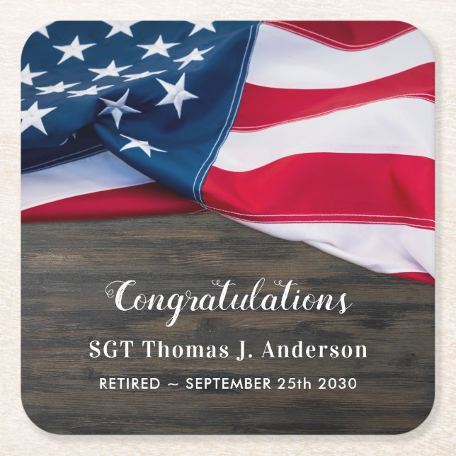 Posavasos Cuadrado De Papel Jubilación Patriótica Bandera Americana Militar (Anverso)