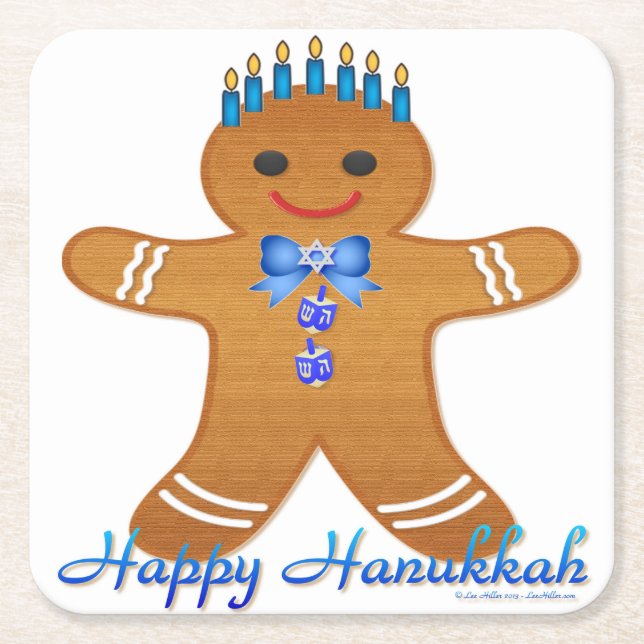 Posavasos Cuadrado De Papel Judaica Hanukkah Gingerbread Man Menorah (Anverso)
