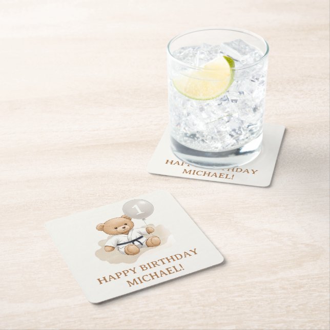 Posavasos Cuadrado De Papel Judo Bear Turns One" – 1st Birthday 【Black-belt】 (In situ)