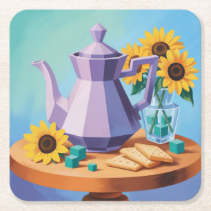 Posavasos Cuadrado De Papel Juego de montaña cubista azul de Teapot