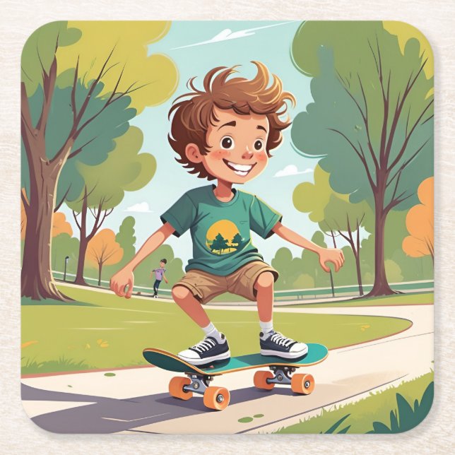 Posavasos Cuadrado De Papel Juego de Pascua Cuadros Boy Skateboarding (Anverso)