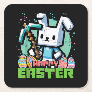Posavasos Cuadrado De Papel Juego de píxeles del conejo de Pascua feliz
