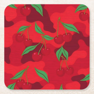 Posavasos Cuadrado De Papel Juego de Posavasos de Camuflaje con Cerezas Rojas
