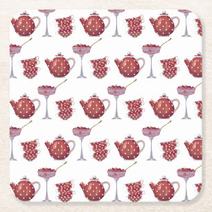 Posavasos Cuadrado De Papel Juego de té de lunares rojos y patrón de fresas