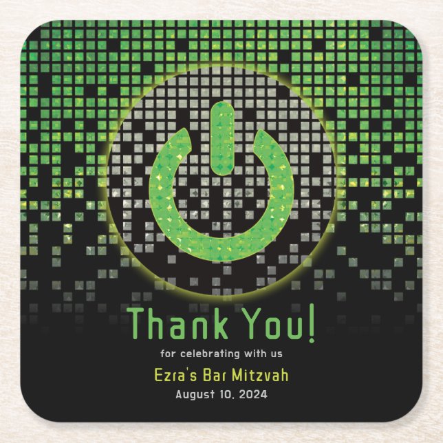 Posavasos Cuadrado De Papel Juego de Video Verde Negro Bar Mitzvah del Jugador (Anverso)