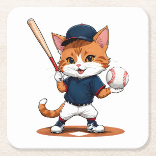 Posavasos Cuadrado De Papel Jugador de béisbol gato