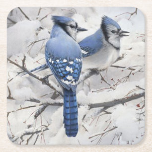 Posavasos Cuadrado De Papel Jugas azules en un árbol relleno de nieve