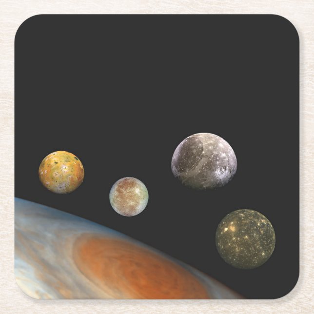 Posavasos Cuadrado De Papel Júpiter y cuatro lunas satélites Galileas (Anverso)