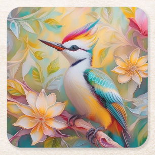 Posavasos Cuadrado De Papel Juvenil Rainbow Woodpecefer Fantasy Bird