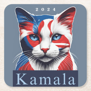 Posavasos Cuadrado De Papel Kamala Cat 2024 Demócrata en las elecciones de Est