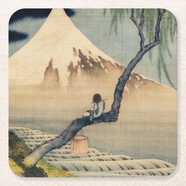 Posavasos Cuadrado De Papel Katsushika Hokusai - Muchacho viendo el Monte Fuji (Anverso)