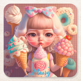 Posavasos Cuadrado De Papel Kawaii lindo chica con helados