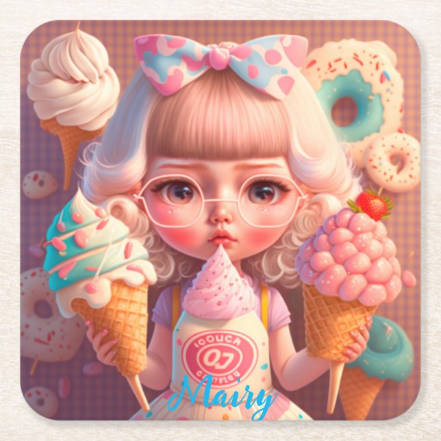 Posavasos Cuadrado De Papel Kawaii lindo chica con helados (Anverso)