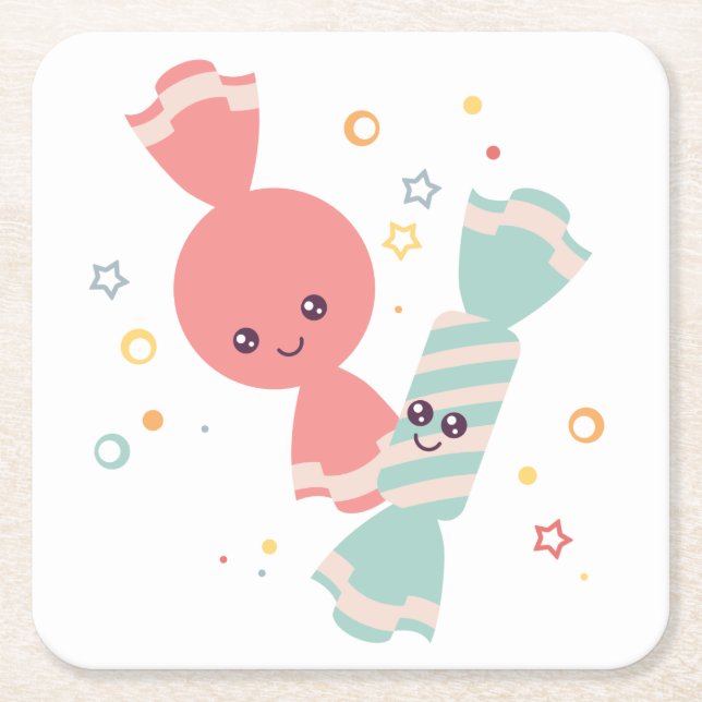 Posavasos Cuadrado De Papel Kawaii Sonriente escayola de papel con manchas (Anverso)