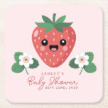 Posavasos Cuadrado De Papel Kawaii Strawberry Baby Shower<br><div class="desc">Add a sweet and functional detail to your tablescape with this Kawaii Strawberry Baby Shower Paper Coaster. Featuring a cheerful strawberry and floral accents on a soft pink background, this square coaster is perfect for drinks, desserts, and party photos. Customize with your event date and name to match your strawberry...</div>