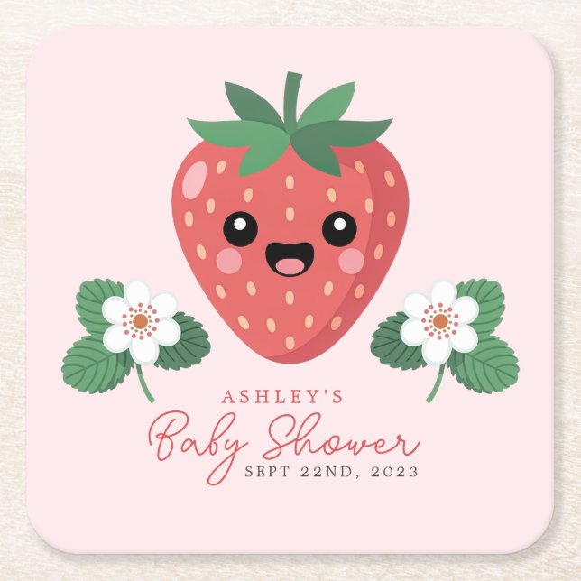 Posavasos Cuadrado De Papel Kawaii Strawberry Baby Shower (Anverso)