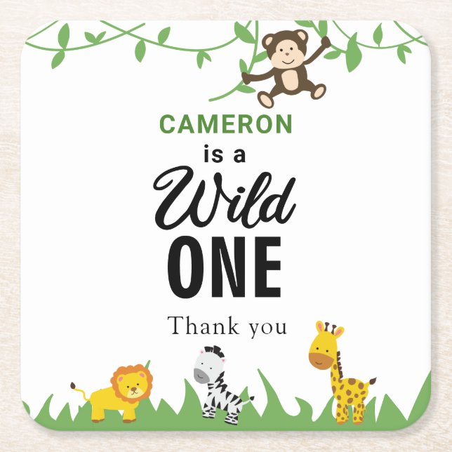 Posavasos Cuadrado De Papel Kawaii Wild One Birthday Safari Jungle Animales (Anverso)