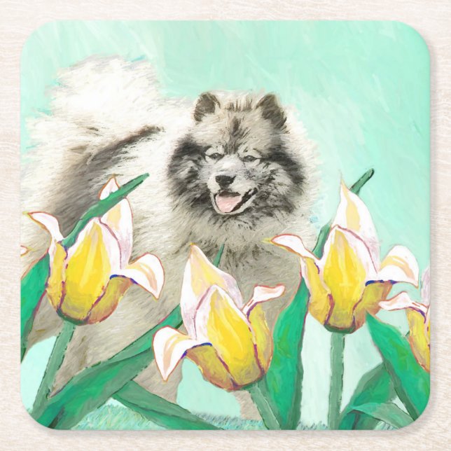 Posavasos Cuadrado De Papel Keeshond en tulipanes pintando arte original del p (Anverso)