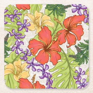 Posavasos Cuadrado De Papel Keleah Hibiscus y Orquídeas tropicales de Hawái