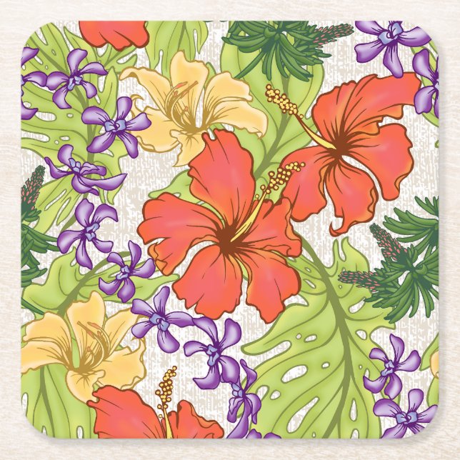 Posavasos Cuadrado De Papel Keleah Hibiscus y Orquídeas tropicales de Hawái (Anverso)