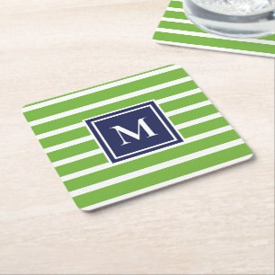 Posavasos Cuadrado De Papel Kelly Green Stripe Modern Monogram Coastal Beach