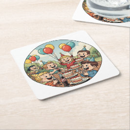 Posavasos Cuadrado De Papel Kids Enjoying their Cakes, Sodas and Balloons