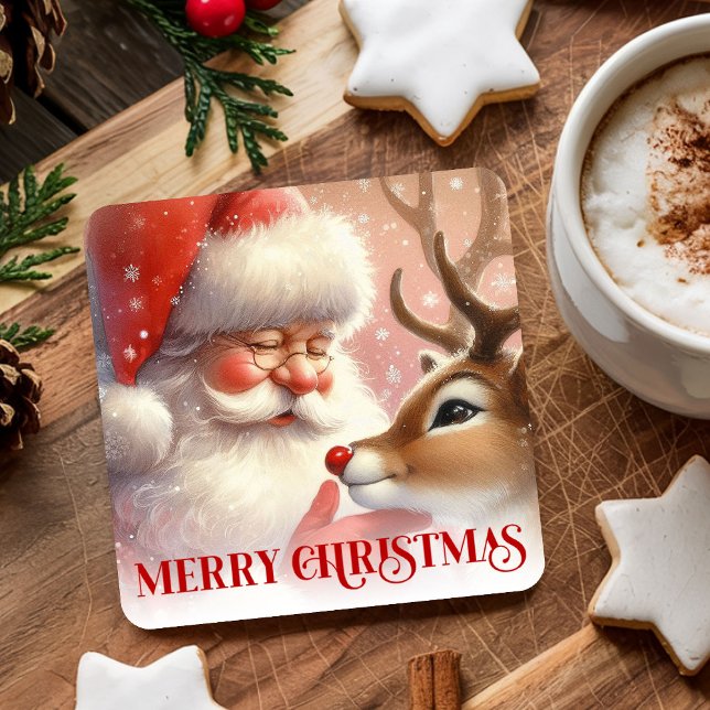 Posavasos Cuadrado De Papel Kids Santa Rudolph Cute Christmas Paper Coaster  (Kids Santa Rudolph Cute Christmas Paper Coaster Art

)