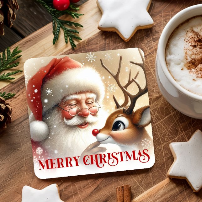 Posavasos Cuadrado De Papel Kids Santa Rudolph Cute Christmas Paper Coaster   (Kids Santa Rudolph Cute Christmas Paper Coaster Art)