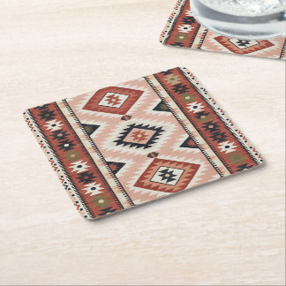 Posavasos Cuadrado De Papel Kilim Tribal del Suroeste Geométrico en Terracota