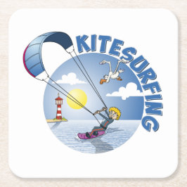 Posavasos Cuadrado De Papel Kite surfing blue illustration.