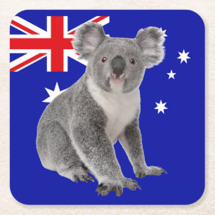 Posavasos Cuadrado De Papel Koala con fondo de bandera australiana