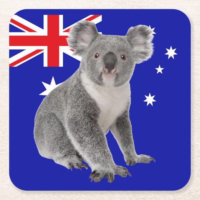 Posavasos Cuadrado De Papel Koala con fondo de bandera australiana (Anverso)