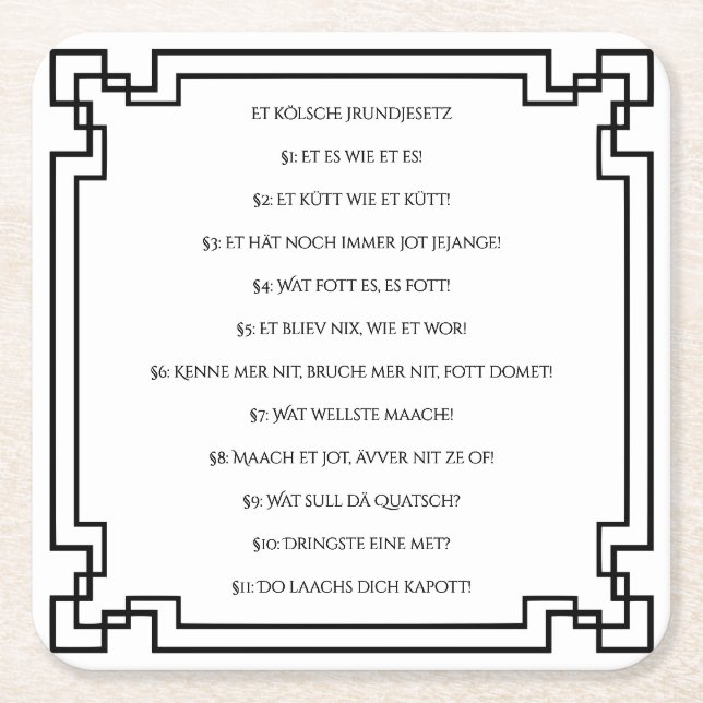 Posavasos Cuadrado De Papel Kölsches Grundgesetz – Köln Cologne Jugendstil (Anverso)