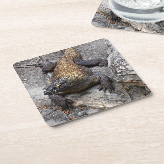 Posavasos Cuadrado De Papel Komodo Dragon Stone Perch (En perspectiva)