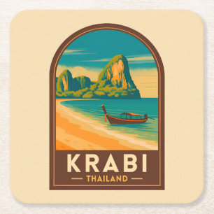 Posavasos Cuadrado De Papel Krabi Tailandia Playa Railay Viajes Vintage Retro