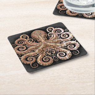 Posavasos Cuadrado De Papel Kraken Steampunk Octopus Ornate Gold Black